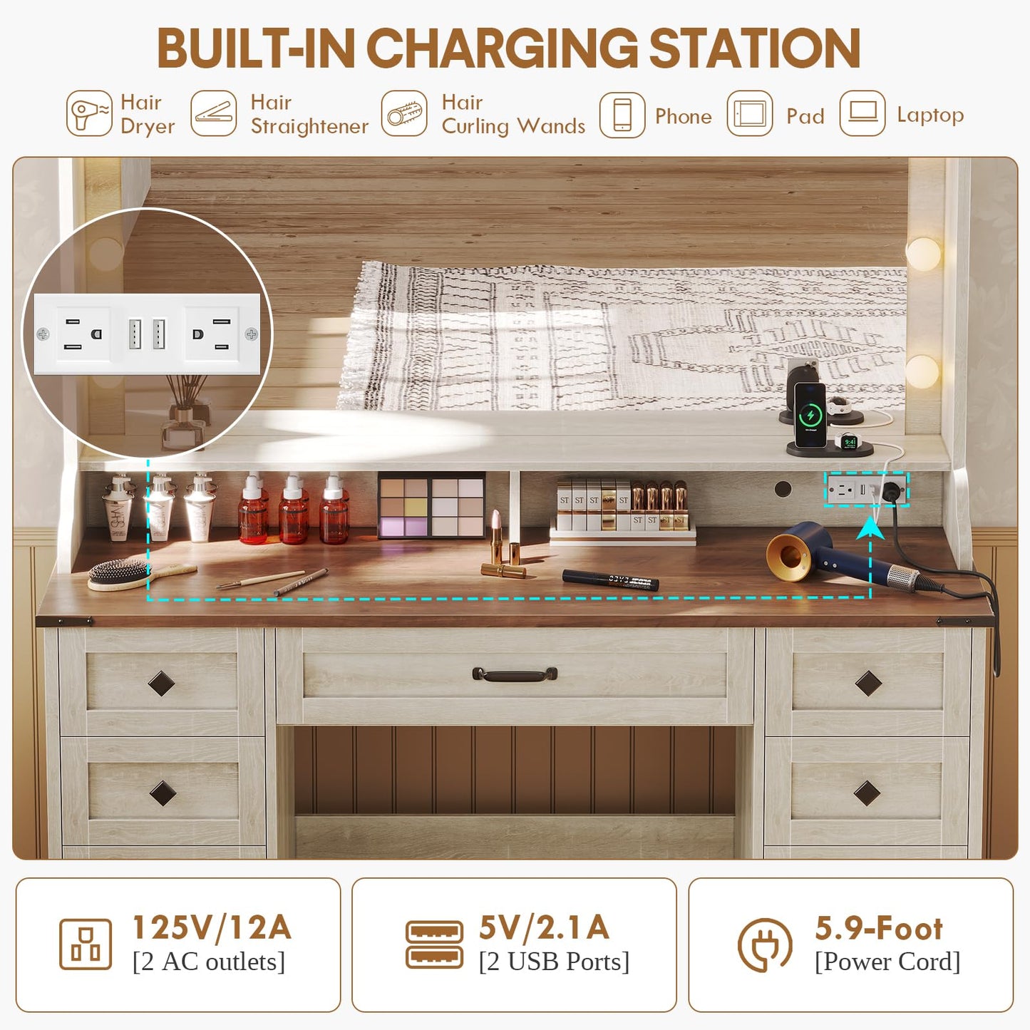 busyaeh Farmhouse Vanity Desk with Mirror and Lights,75.2" Makeup Vanity with 9 Drawers & 2 Sliding RGB Door and Charging Station,Vanity with 3 Color Light Modes,Big Vanity for Bedroom,Antique White