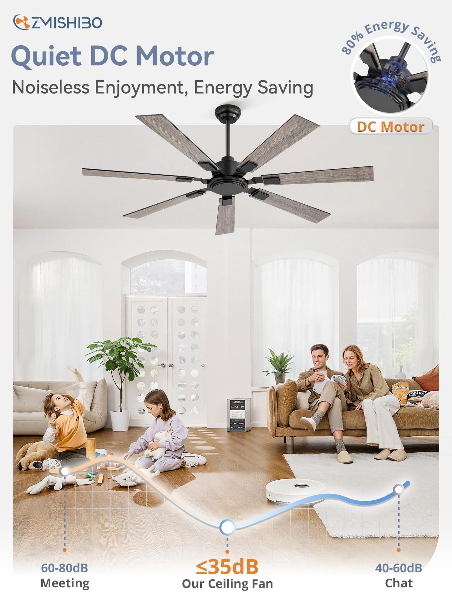 ZMISHIBO 60" Ceiling Fans No Light with Remote, Black Modern Ceiling Fan Without Light, Quiet Reversible DC Motor, 6 Speeds, 7 Blades Indoor/Outdoor Ceiling Fan for Living Room Bedroom Patio Garage