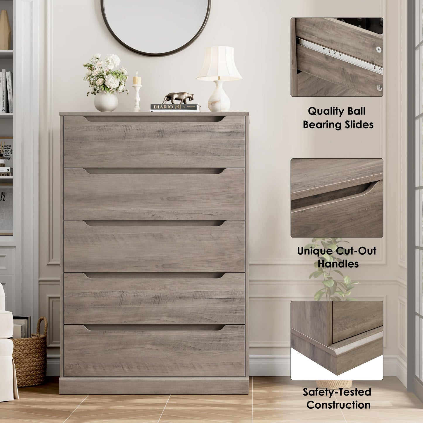 HOSTACK 43.3" Tall Modern 5 Drawer Dresser for Bedroom, Large Chest of Drawers with Storage, Wood Clothes Storage Organizer with Cut-Out Handle, Accent Storage Cabinet for Living Room, Ash Gray