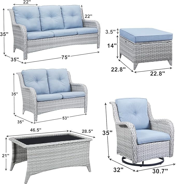 Patio Furniture Swivel Chairs Set - 7 PC Wicker Rattan Outdoor Sectional Conversation Sets with 2 Rocking Chair,2 Ottoman,1 Sofa,1 Loveseat and 1 Coffee Table for Porch Deck(Light Grey/Sky Blue)