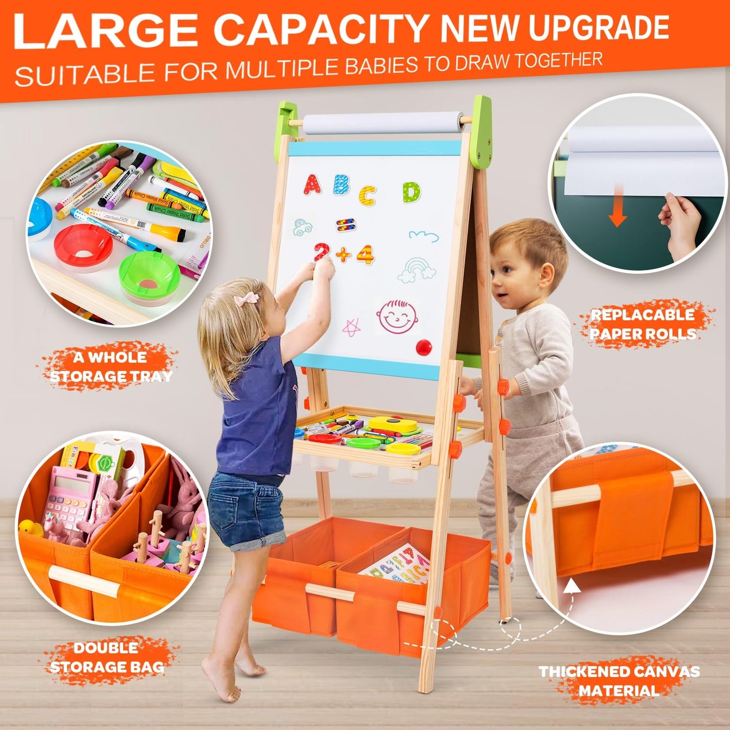 Kids Easel Including 100+ Accessories, Rundad Double Sided Wooden Easel for Kids Age 3-8 with Magnetic Chalkboard & Painting Board, Free Height Adjustable Art Easel Supplies for Toddlers