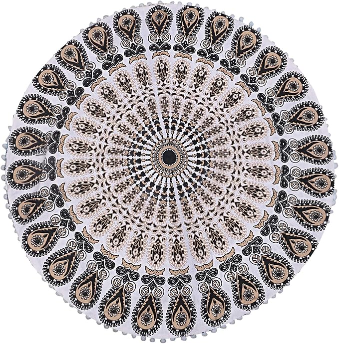 Shubhlaxmifashion Mandala Floor Pillow Cushion Seating Throw Cover Hippie Decorative Bohemian Ottoman Poufs, Pom Pom Pillow Cases,Boho Indian (32 Inches, Gold Black)