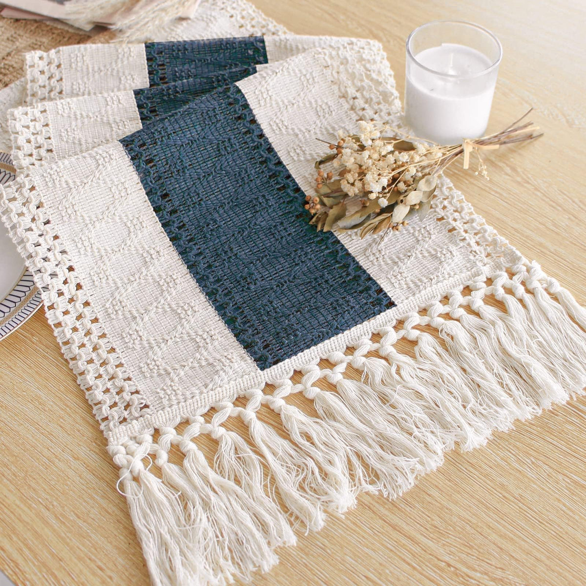 FEXIA Boho Table Runner for Summer Home Decor with Tassels 72 Inches Long Farmhouse Rustic Table Runner Macrame Burlap Table Decoration for Living Room Bridal Shower(12x72 Inches)
