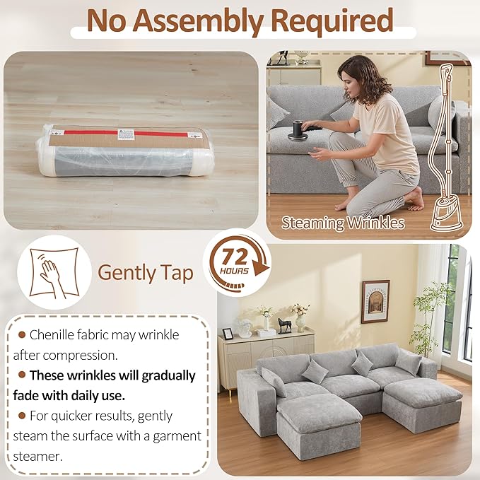 115'' Cloud Boneless Sectional Couch, Modular Sectional Sofa Deep Seat with 2 Ottomans, Oversized Upholstered Convertible Comfy 5 Seater Chenille Sofa U Shape Couches for Living Room, Light Grey