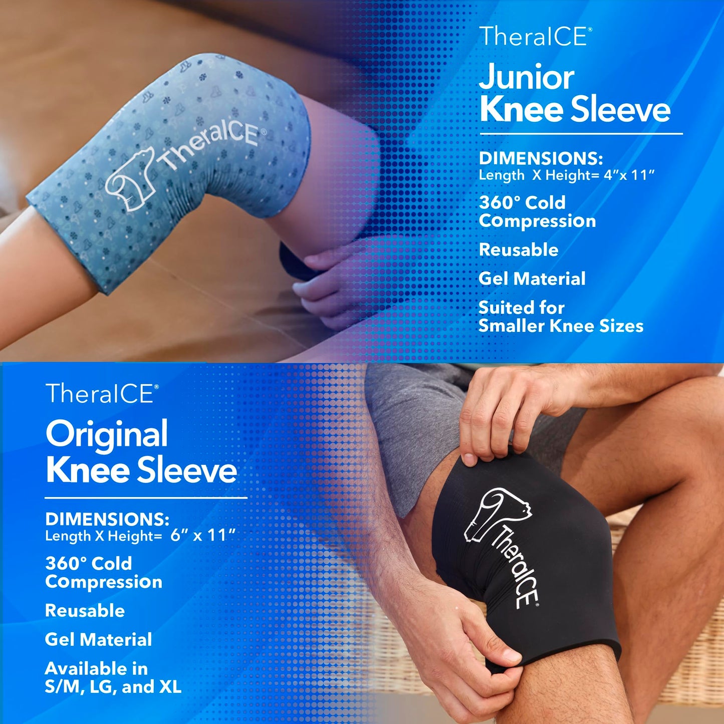 TheraICE Junior Knee Ice Pack Wrap Compression Sleeve for Injuries, Reusable Gel Cold Packs Brace Also for Ankle & Calf - Flexible Cold Wrap Recovery for Meniscus, ACL, MCL Pain Relief (X-Small)