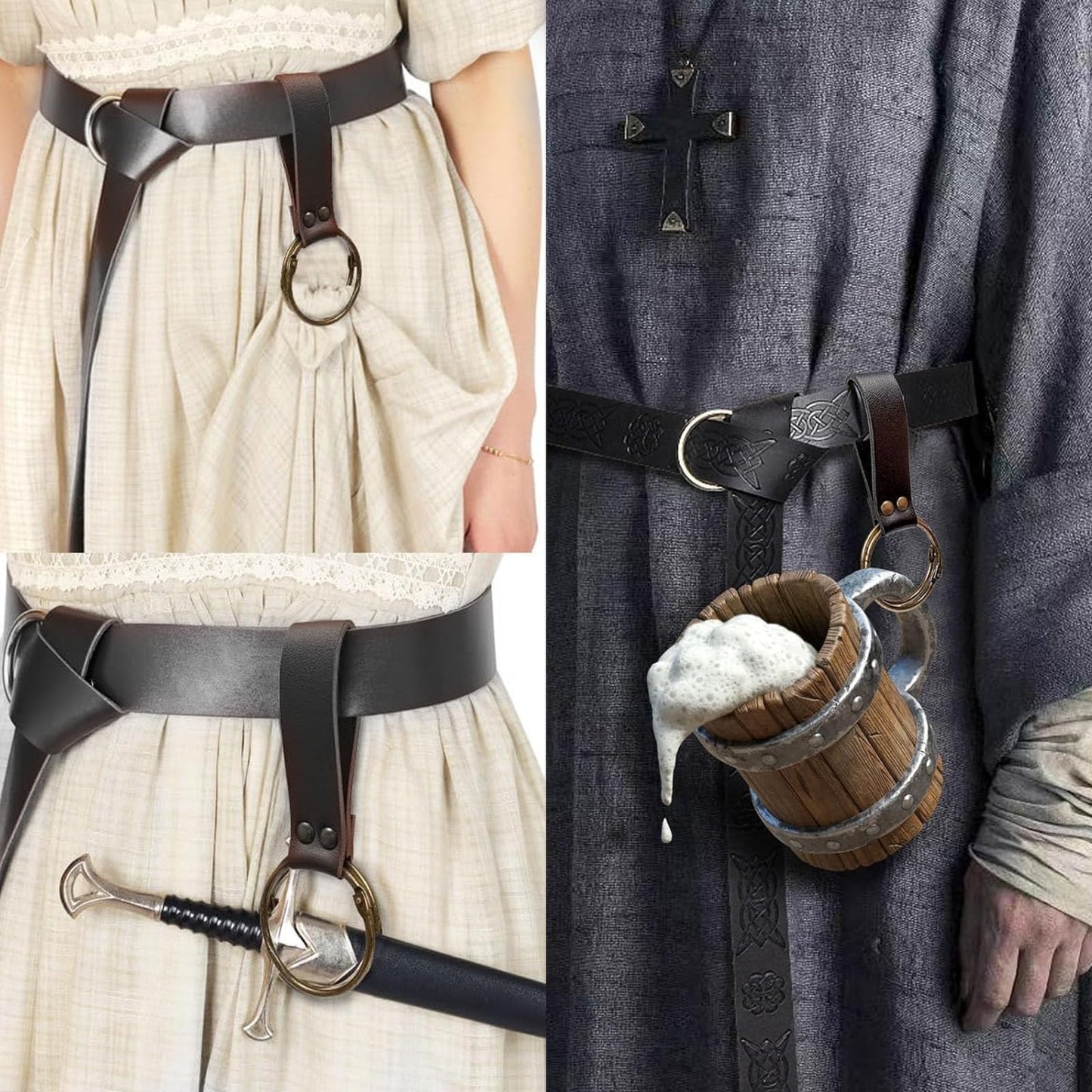 Belt Pouch Waist Bag Fanny Pack Steampunk Phone Holder Medieval Bag Leather Belt Renaissance Cosplay Costume Accessories (3Bottle-Black)