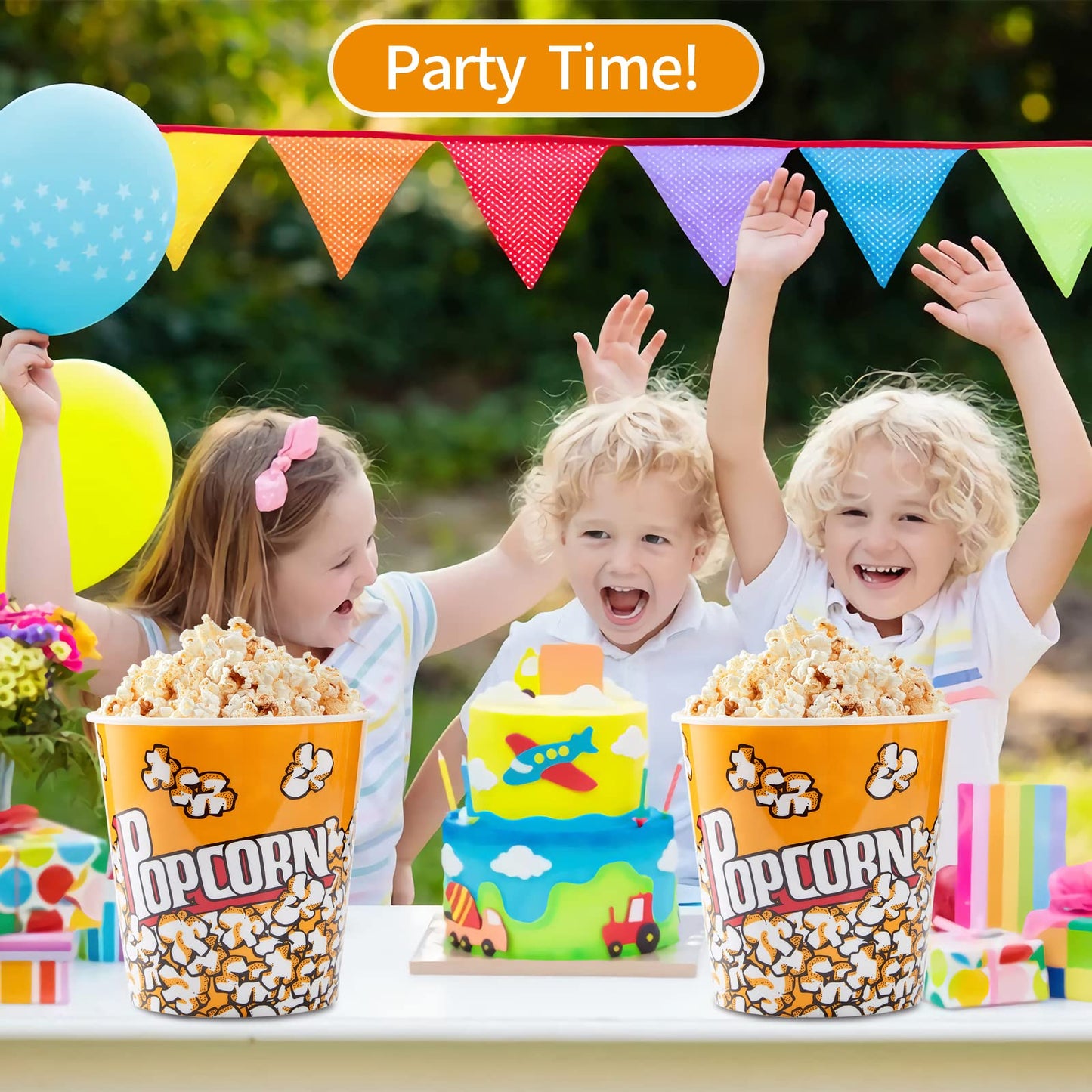 RAYMEA Plastic Popcorn Containers Retro Style Reusable Popcorn Buckets for Movie Night 7.1”x7.1”x5.1” (5 Pack)…