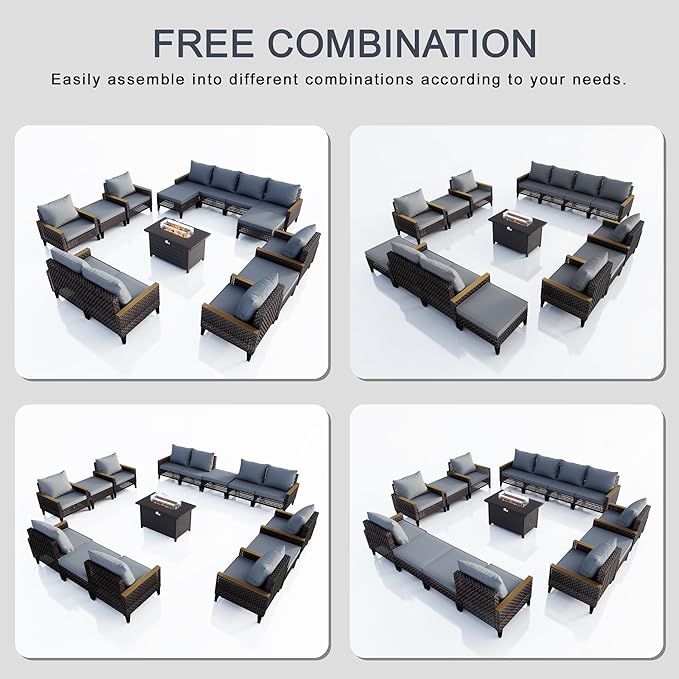 15 Pieces Patio Conversation Sets, Outdoor Furniture Set with Fire Pit Table, Wicker Rattan Sectional Modular Seating Set Includes 2 Three Seater Sofa & 4 Single Armchairs & 4 Ottomans (Gray Cushions)