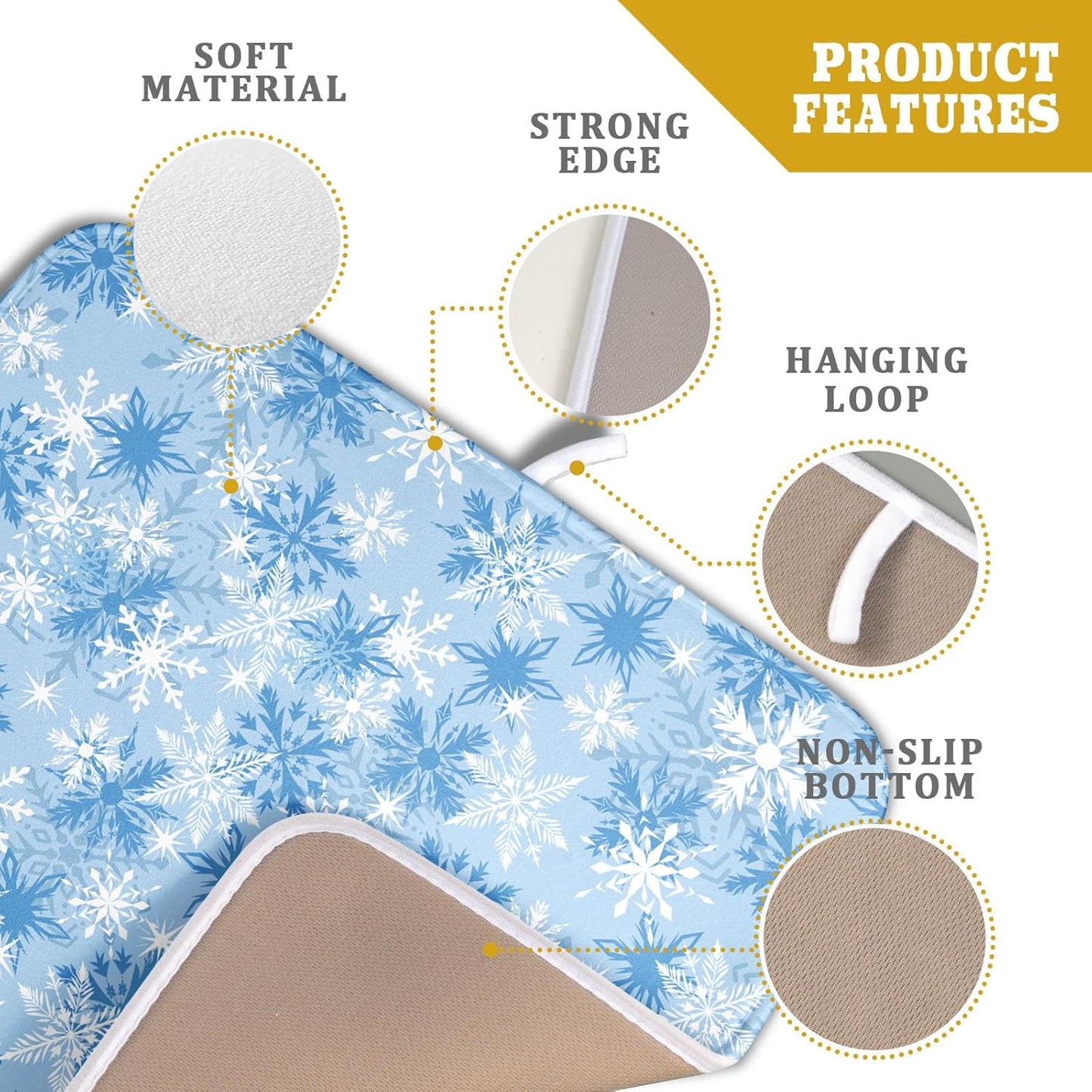 Winter Snowflake Dish Drying Mat for Kitchen Counter Blue White Christmas Snowflake Drying Mat 16x18 Inch Xmas Holiday Absorbent Dish Drainer Mat Christmas Kitchen Accessories