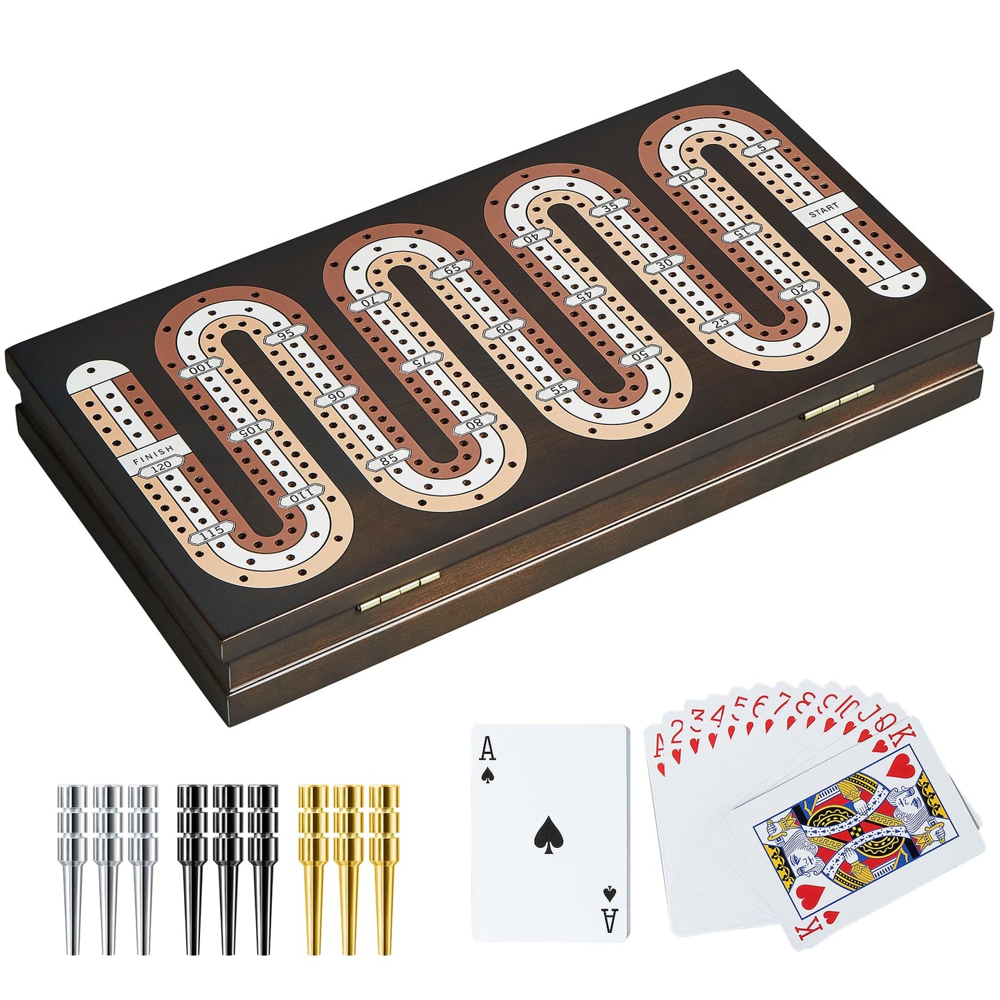 ELONGDI Wooden Cribbage Board Game Set with Magnetic Lock and Large Storage - 9 Metal Pegs & 2 Deck of Playing Cards,Continuous 3 Track Board Travel Portable Cribbage Game for Family