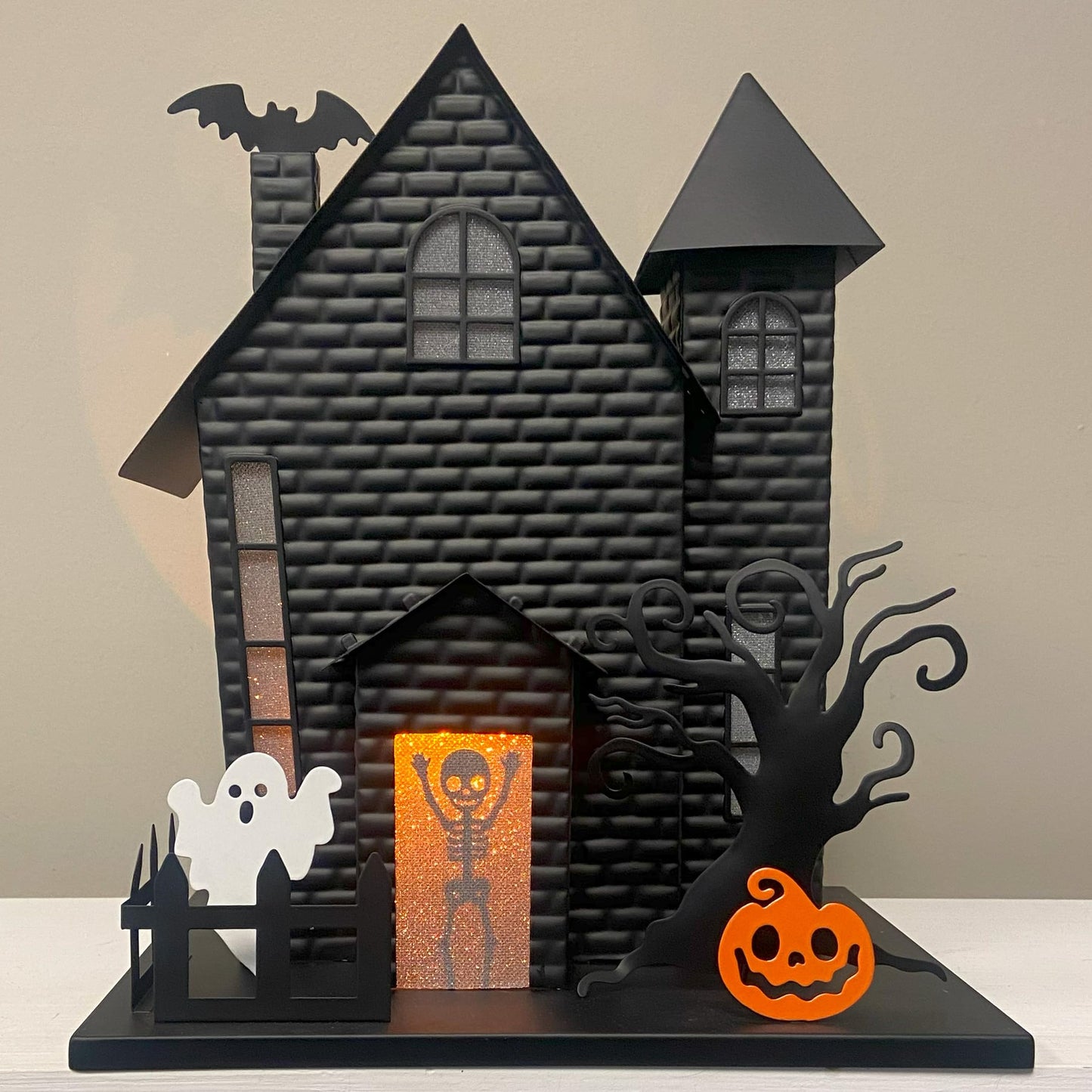 Haute Decor Halloween Haunted House with Bat Projection - Unique Lighted Black Metal Haunted House for Tabletop Halloween Decoration