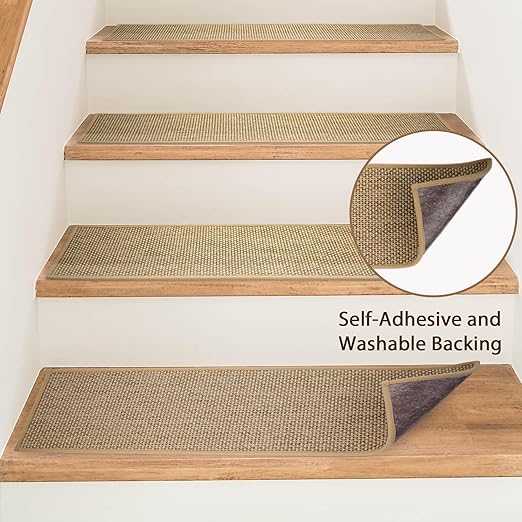 Natural Linen Stair Treads for Wooden Steps, 7 Pcs 8" x 30",Non Slip Stair Runner, Peel and Stick Carpet Indoor for Kids Elders and Pets (7, Beige, 8" x 30")
