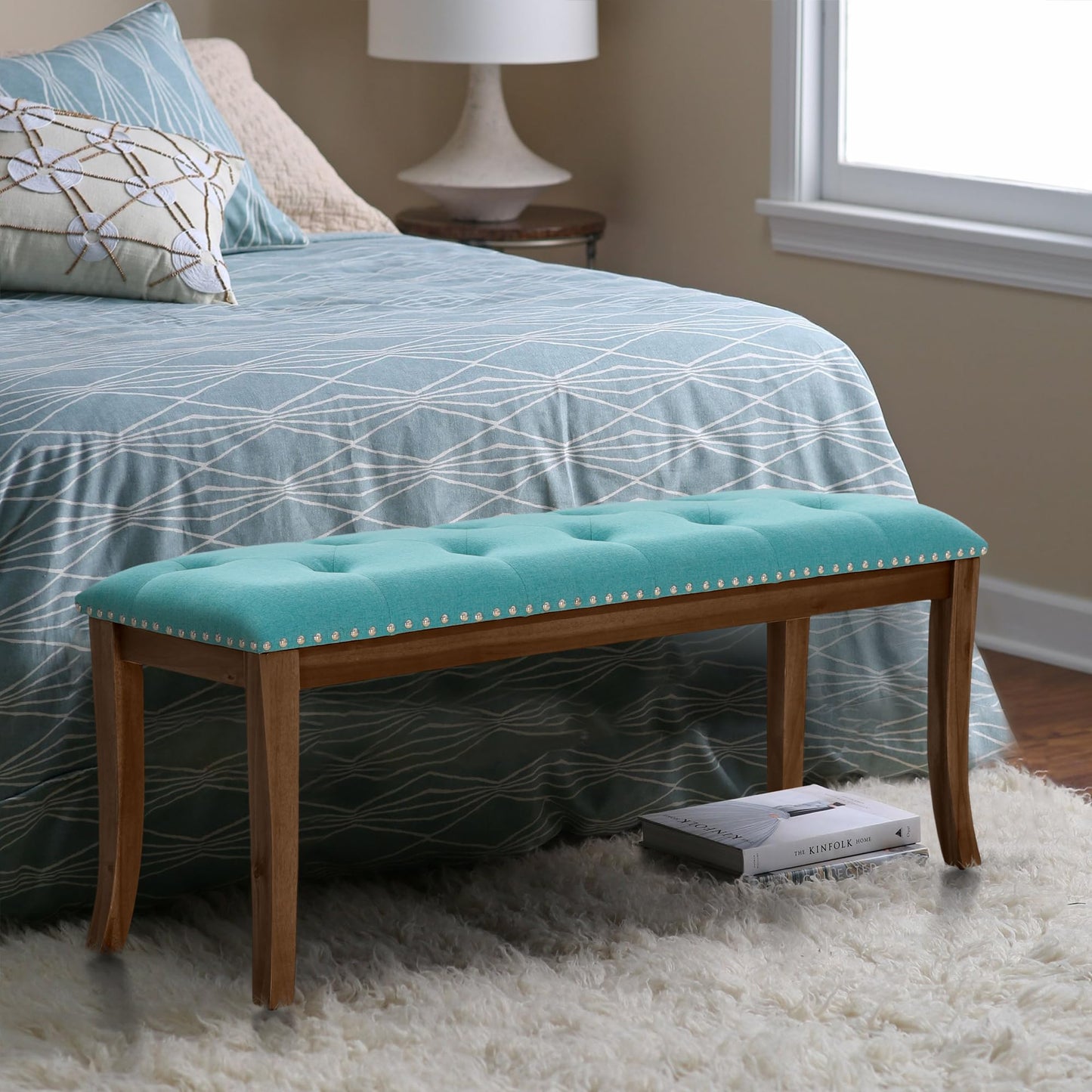 MAISON ARTS Clearance Upholstered Bedroom Bench for End of Bed, Solid Wood Legs and Button-Tufted, Ottoman Benches for Living Room, Entryway