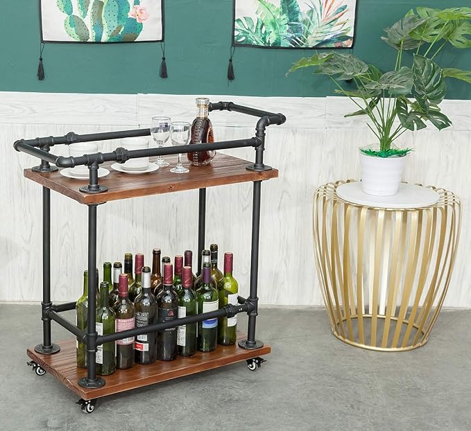 DOFURNILIM Industrial Pipe Bar Carts/Serving Carts/Kitchen Carts/Wine Rack Carts on Wheels with Shelves - Wood Rolling Carts - Wine Tea Liquor Shelves/Holder - Home Furniture