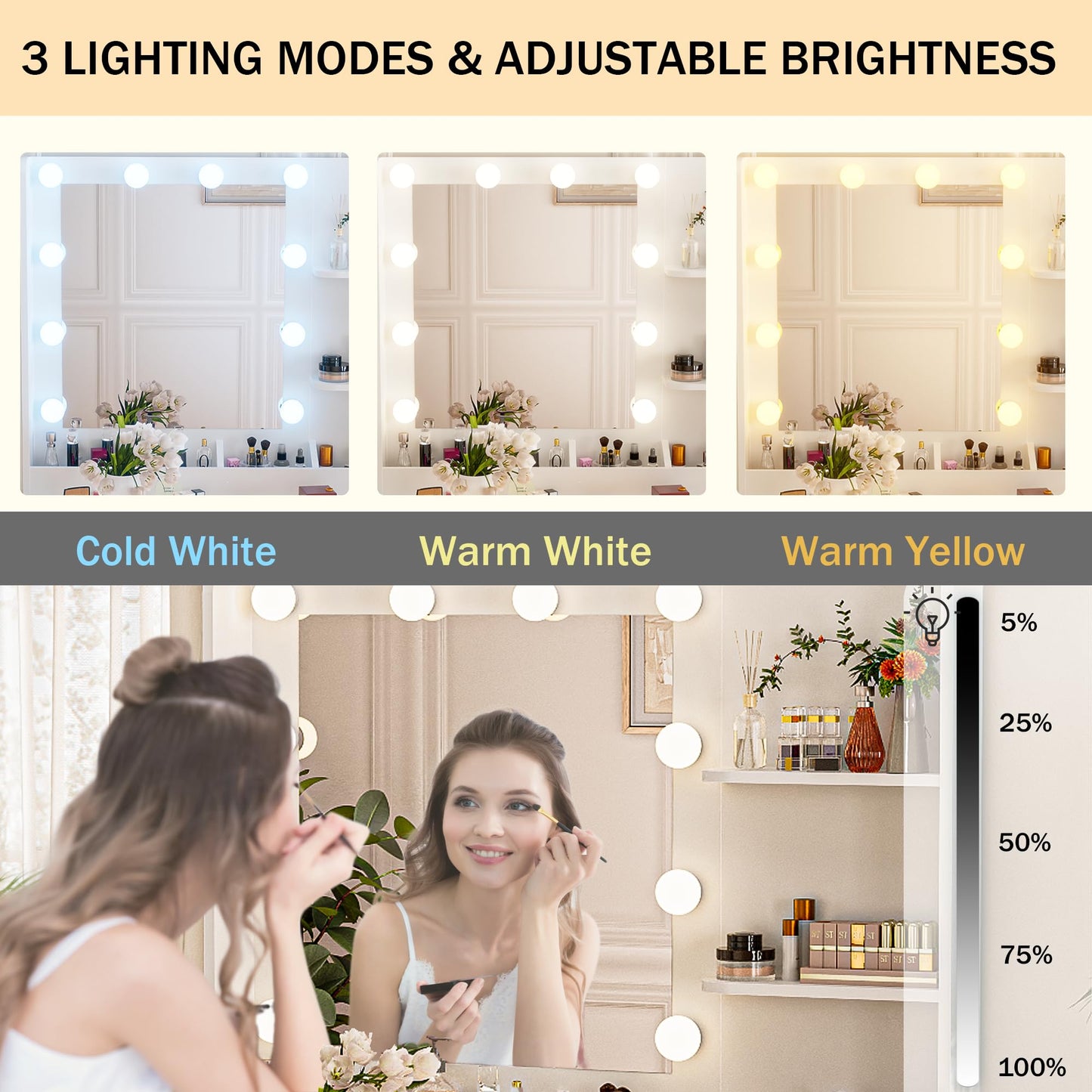 LAKEMID Vanity Desk with Mirror and Bulbs Lights, White Glass Top Makeup Vanity Table with Drawers & Power Outlet,3 Lighting Modes & Adjustable Brightness, Modern Vanity Dressing Table with Cabinet