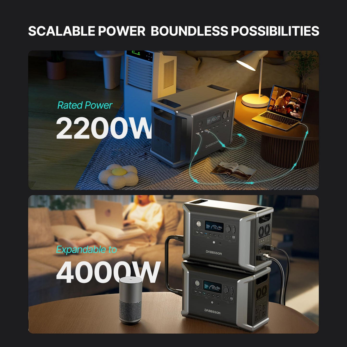Dabbsson 2330Wh Portable Power Station, DBS2300 Plus Max 16660Wh, 4 × 2200W AC Outlets, Solar Generator for Camping, Home Backup, Emergency, RV