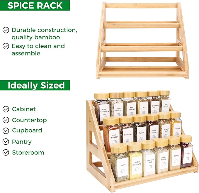 Spice Rack - 3-Tier Bamboo Spice Racks，Spice Rack Solves Cluttered Spices in Kitchens, Cabinets, Pantries, and More