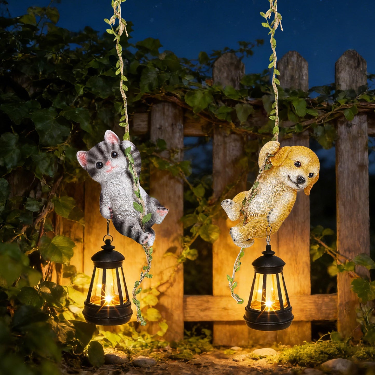ZaaYee Set of 2 Solar Hanging Statue, Outdoor Resin Black White Cat & Golden Retriever Dog Figurine with LED Lights, Animal Ornament for Garden, Fence, Porch, Patio, Yard Decor