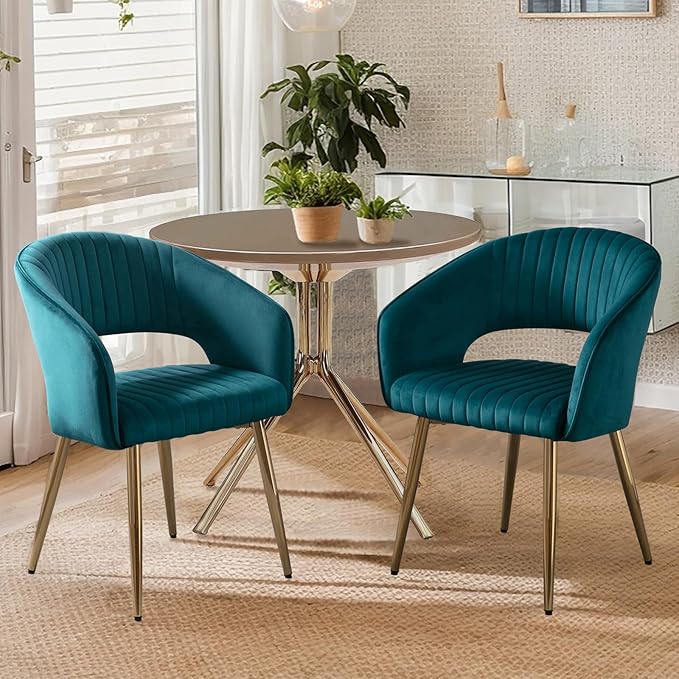 COMULER Teal Velvet Dining Chairs Gold Legs, Modern Dining Room Chairs with Arms Set of 2 Upholstered Accent Chair Armchair with Barrel Back for Kitchen Living Room