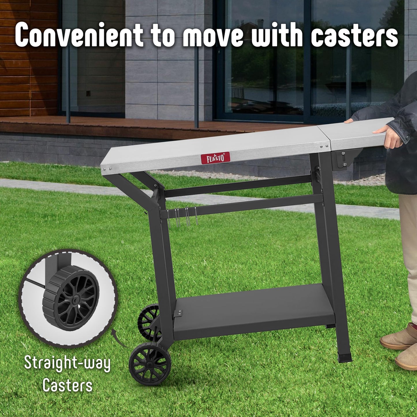 Feasto Movable Grill Table with Folding Side Table, Pizza Oven Table as BBQ Food Prep Cart with Undershelf for Outdoor & Indoor Use, 43" L x 20" W Stainless Steel Tabletop, Grey