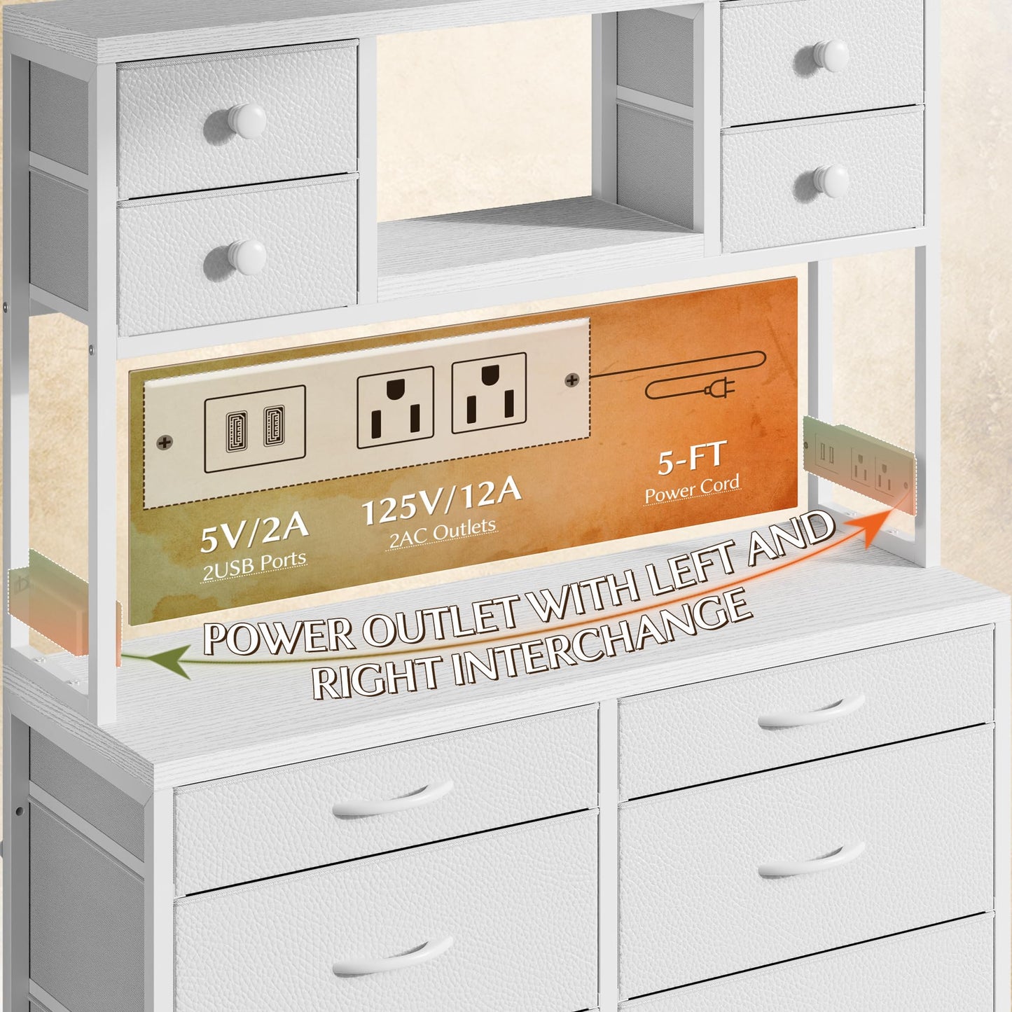 Tall Dresser for Bedroom with 14 Fabric Drawers,White Dresser with Charging Station and LED Lights,Dressers & Chests of Drawers for Bedroom, Steel Frame & Wooden Top for Closet, Entryway