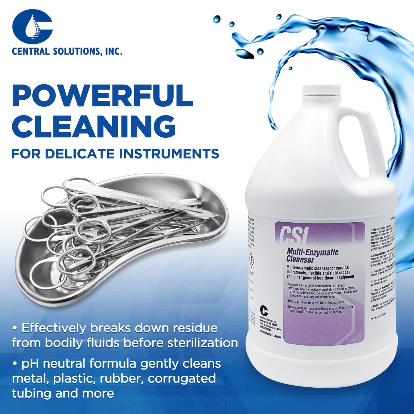 CSI Central Solutions Multi Enzymatic Cleanser - Hospital Grade Medical Instrument Cleaner for Presoak and Manual Processing, 1 Gal