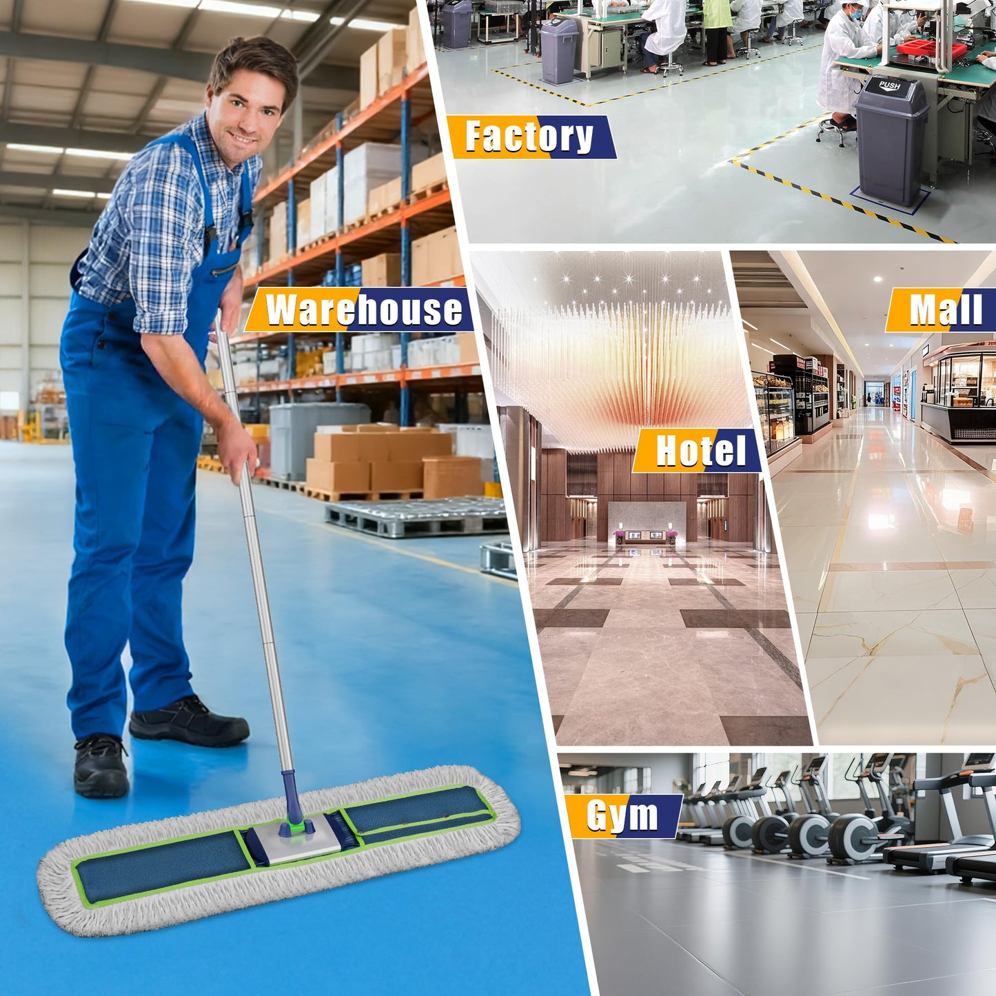 Enspoway 41" Commercial Dust Mop: Large Push Broom Wide Industrial Heavy Duty Hardwood Dry Sweeping Mop with 2 Pads Long Handle for Janitor Indoor Warehouse Gym Cleaning