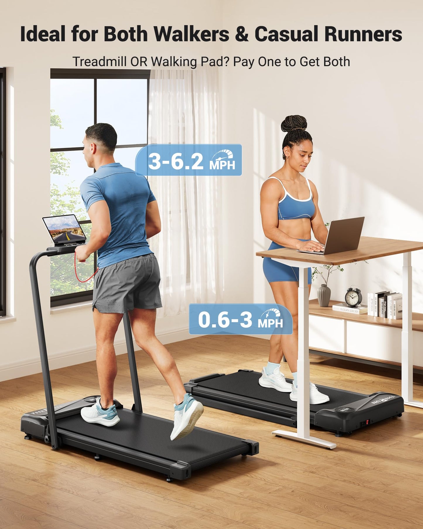THERUN Walking Pad Treadmill, 2.5 HP Under Desk Treadmills, 2 in 1 Foldable Treadmill for Home, Walking Pad with Handle Bar, 15" Widened Running Belt, with Remote Control & LED Touch Screen