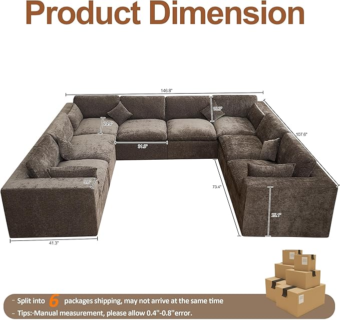 155''Cloud Boneless Sectional Couch, Modular Sectional Sofa Deep Seat, Oversized Upholstered Convertible Comfy 8 Seater Chenille Memory Foam Sofa U Shape Couches for Living Room, Brown
