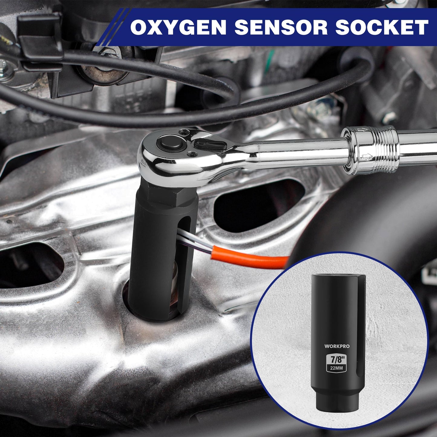 WORKPRO 6PCS O2 Oxygen Sensor Socket, Automotive 3/8" 1/2" Drive x 1-1/16" 7/8" 27mm 22mm O2 Sensor Socket Removal Tool and Thread Chaser Set, for Oil Pressure Vacuum Thermal Oxygen Sensors