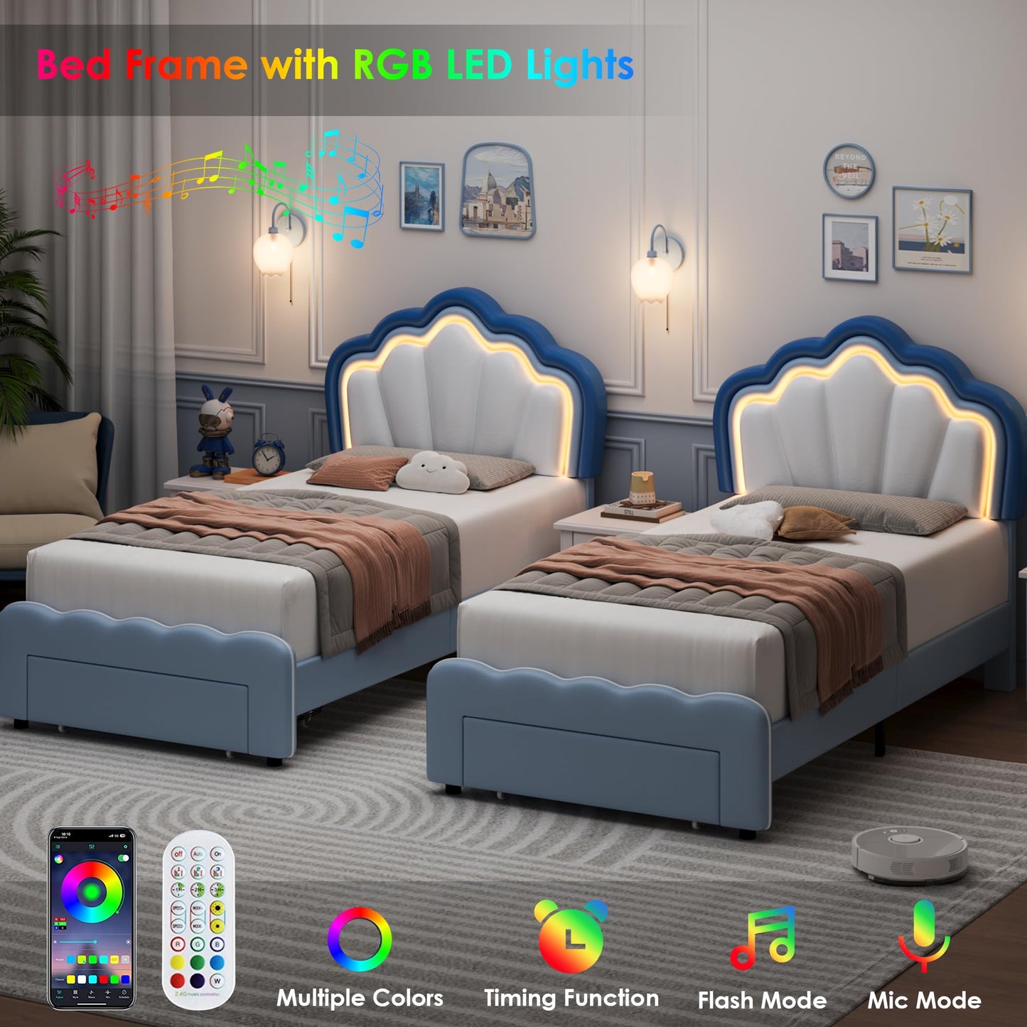 HOSTACK Twin Upholstered LED Bed Frame with Storage Drawers, Cute Boys Bed with Adjustable Lotus Headboard, Faux Leather Platform Bed Frame, Wooden Slats Support, No Box Spring Needed, Blue/White