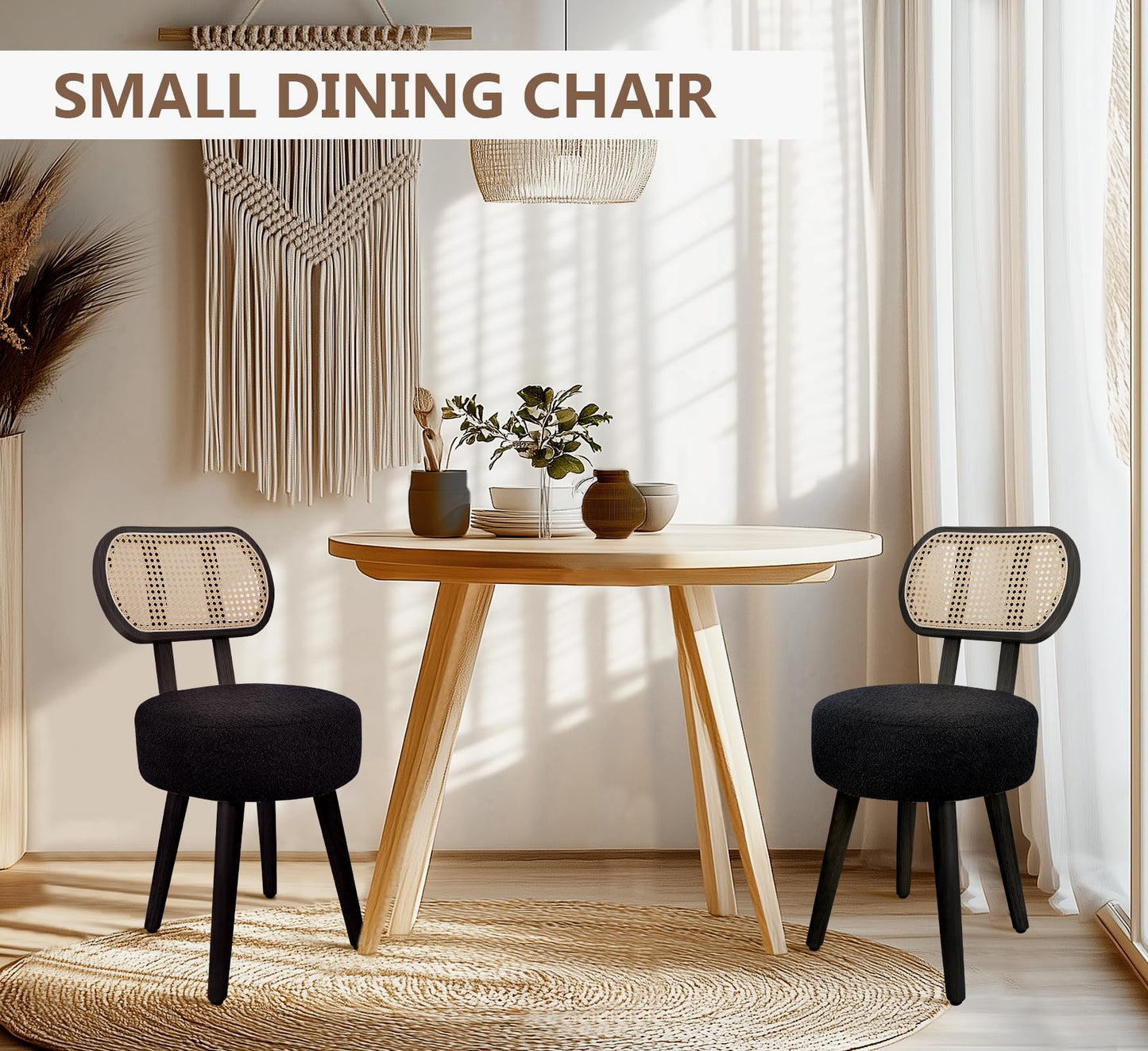 ZYBT Rattan Boho Makeup Vanity Chair for Makeup Room, Small Dining Chair, Mid Century Modern Boucle Chair, Black Cane Dining Chairs, Upholstered Wood Accent Chair, Cute Sherpa Chair with Back, 1 Pc