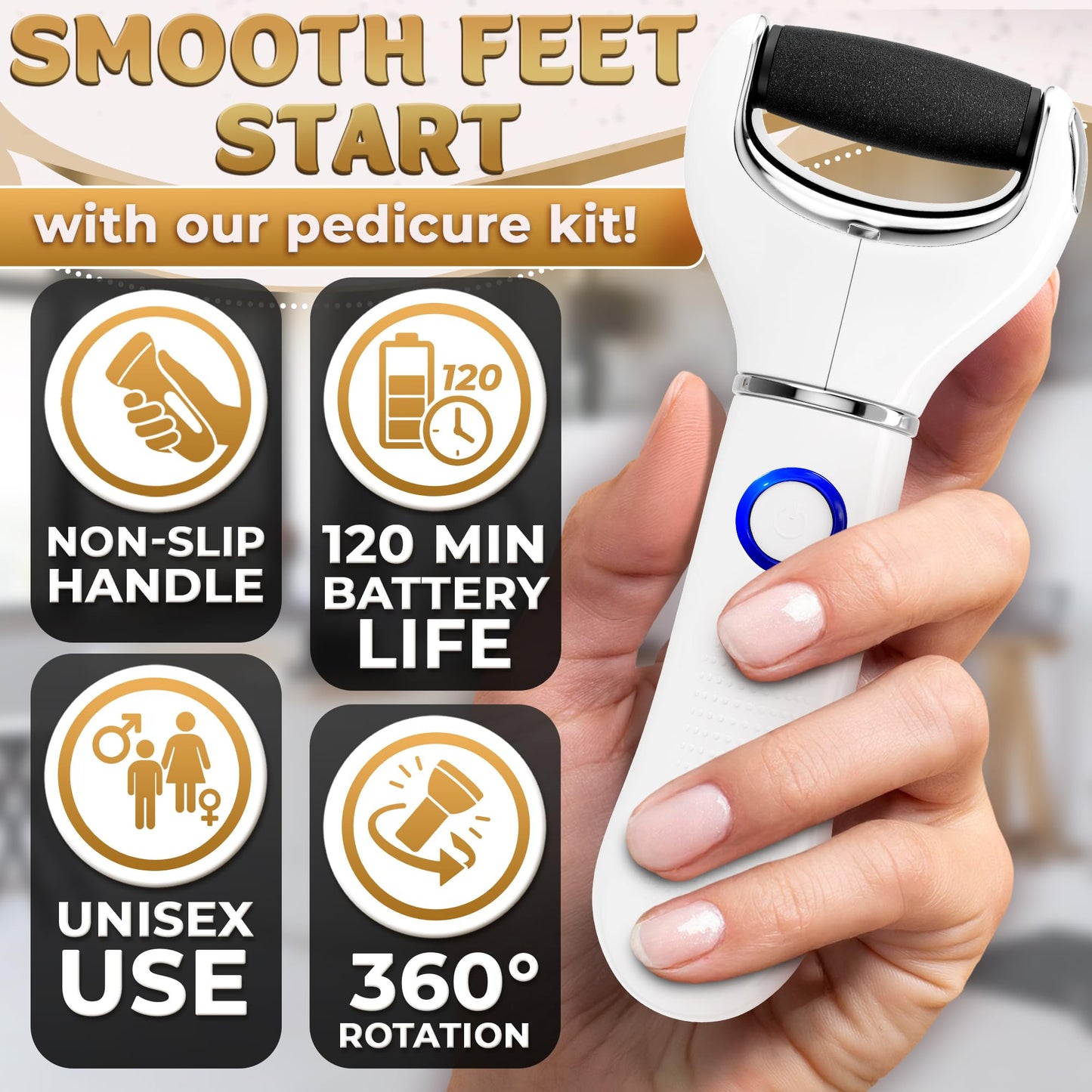 Rechargeable Electric Foot Callus Remover Tool - 3-Speed Foot Sander (1800/2200/2800 RPM), Electric Callus Remover for Feet, Ped