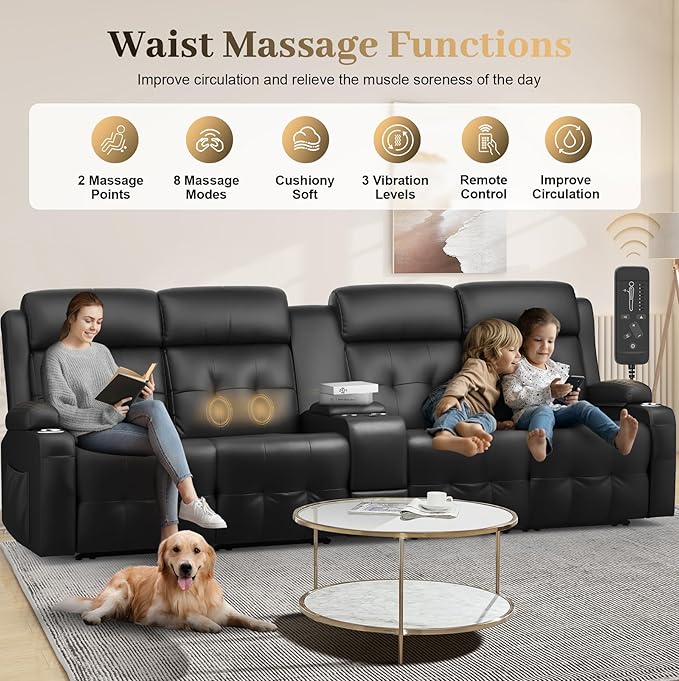 Aotolo Recliner Sofa, 4 Seater Massage Reclining Loveseat Sofa Sets, 1 Single Power Recliner Chairs Heat & Massage, Heavy Weight Capacity, RV Clearance Love Seat Couch with Console, USB, Type C Port