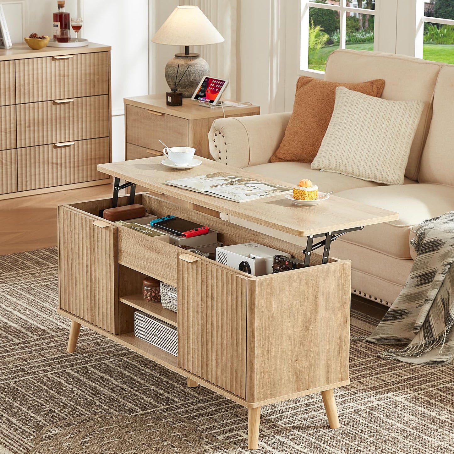LEYAOYAO 48" Fluted Lift Top Coffee Table with Hidden Storage & Adjustable Shelves, Lifting Tabletop Large Rectangular Coffee Tables, Mid Century Modern Wood Center Table for Living Room, Natural