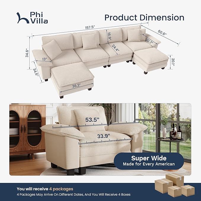 PHI VILLA Cloud Modular Couch Sets, 157.5" Sectional Sofa with U-Shaped Chaise Ottoman, 6-Seater Couches with Upholstered Deep Seat for Living Room, Chenille Corduroy Dual Fabric, Beige