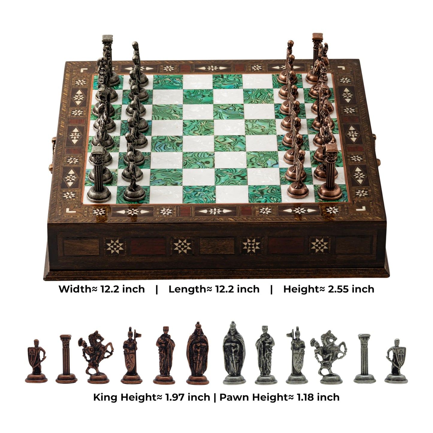 Luxury Handmade Wooden Chess Set with Metal Pieces – 12.2'' Decorative Storage Chess Board – British Themed Chess Pieces for Christmas, Birthday (Green)