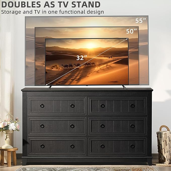 Joaxswe Farmhouse Dresser and Nightstand Sets, Furniture 18" Night Stand with Charging Station and 6 Drawers Dresser for Bedroom, 54" Dressers and Nightstand Set for Bedroom, Living Room