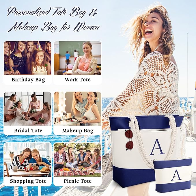 YOOLIFE Beach Bags for Women - Initial Canvas Tote Waterproof Bag with Makeup Bag Gifts for Women Mom Friend Birthday Her