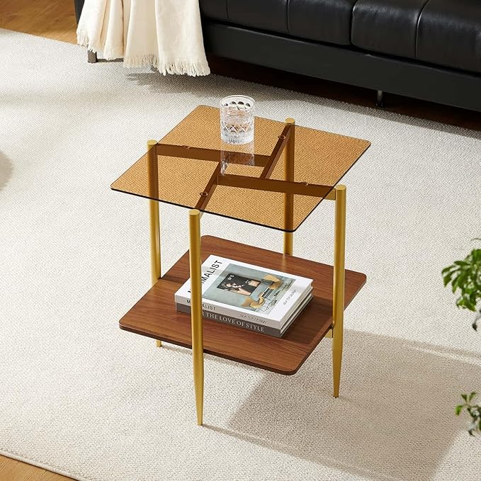 Pine Flicker Square Glass End Table, Mid-Century Modern Sofa Table, L20*W20*H23 inch for Living Room, 2-Tier Structure, Amber Glass Top and Walnut MDF Shelf, Sleek Conical Metal Legs with Gold Finish
