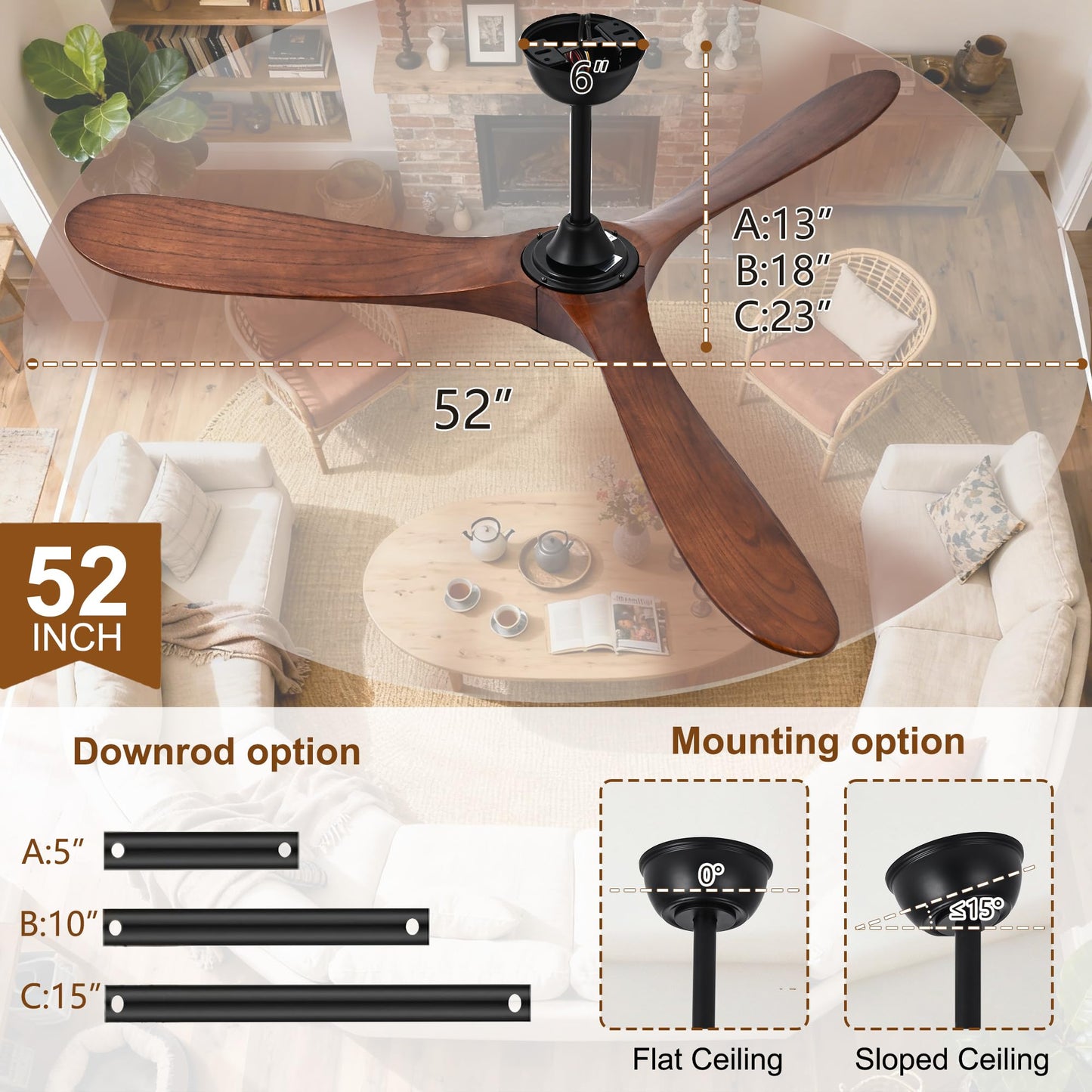 Zronon 52 Inch Ceiling Fan No Light, Wood Outdoor Ceiling Fans for Patios Living Room Bedroom, Indoor Modern 3 Blade Propeller Wet Rated Ceiling Fan without Lights with Remote (Walnut)