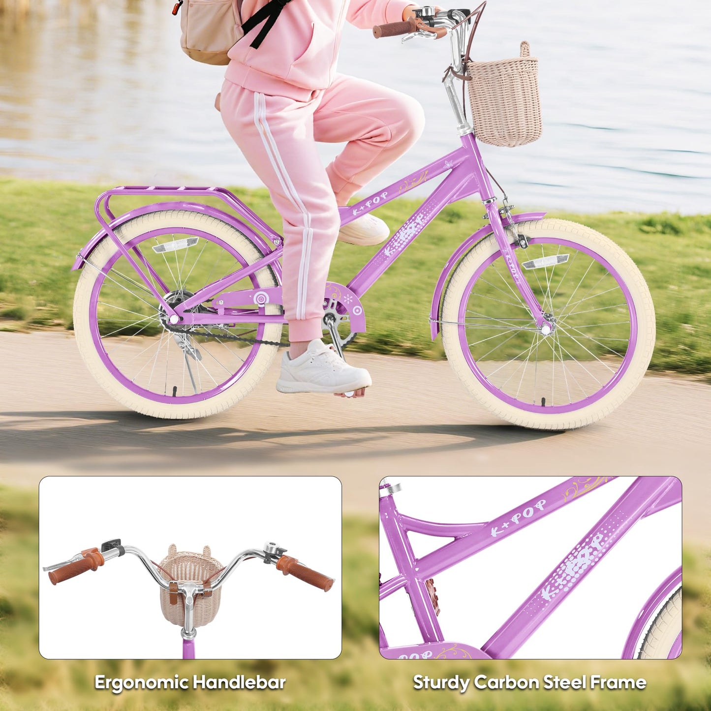 SAHISTCT Girls Bike for Ages 8-12 Years Old,20 Inch Cruiser Bike with Kickstand, Single Speed Kids Bike with Basket for Girls Boys