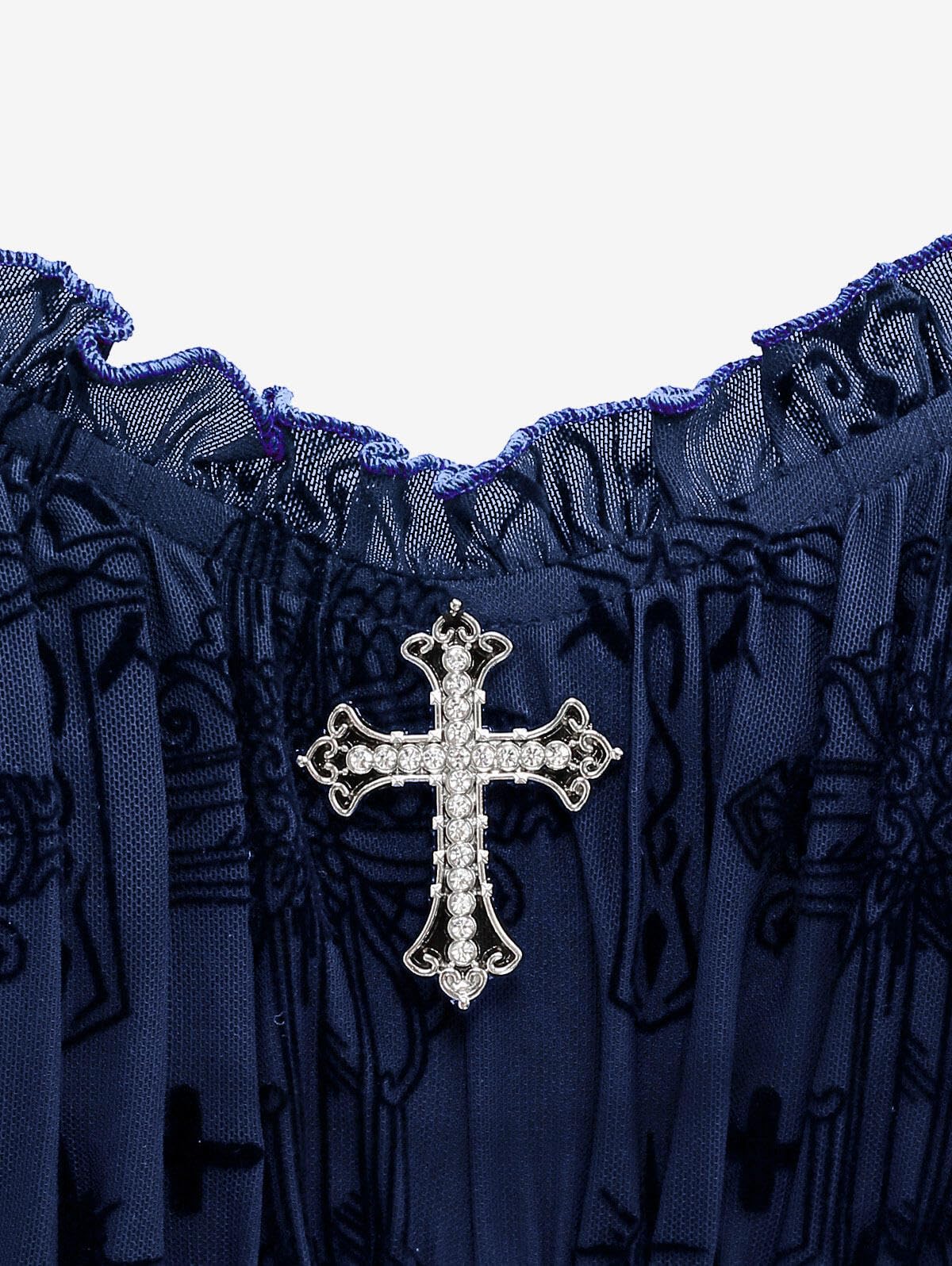 Rosegal Women Plus Size Gothic Lace-up Cross Mesh Overlay Lace Panel Ruffles Midi Dress Vinatge Goth Straps A Line Dress(Blue_1/M)