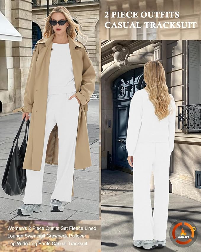 Sweetyweee Women's 2 Piece Outfits Set Fleece Lined Lounge Sweatsuit Crewneck Pullover Top Wide Leg Pants Casual Tracksuit