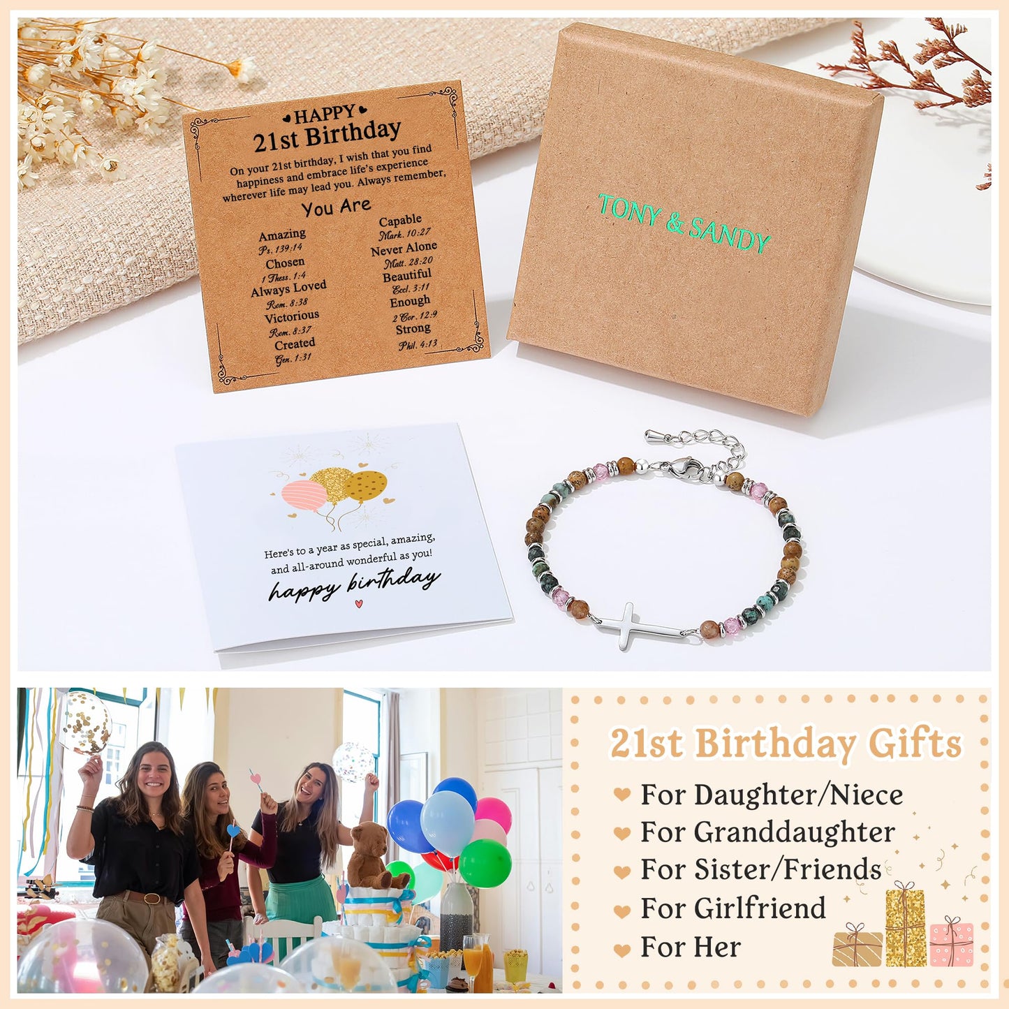 TONY & SANDY 21st Birthday Gifts for Her, 21st Birthday Decorations Cross Bracelets for Women, 21 Year Old Bday Gifts for Her, Turning 21 Bday Party Favors Daughter Sister Friends Bestie