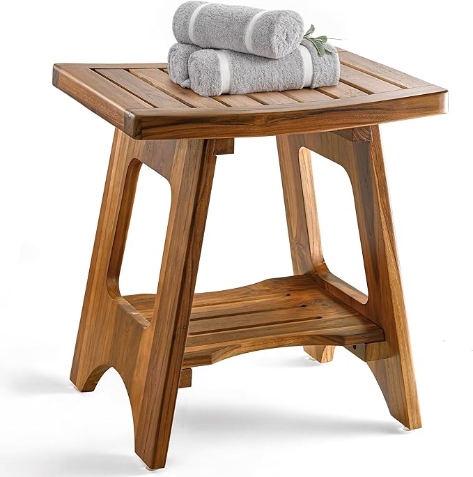 HOLANA 18" Teak Shower Bench for Inside Shower - 450LBS Capacity Wooden Shower Stool Benches Waterproof for Shaving Legs - Bench Seat with Storage Towel Shelf for Bathroom - Tub Bench Chair Spa Bath