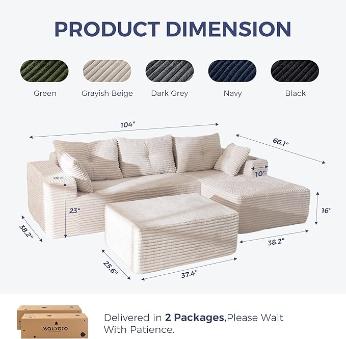 MAXYOYO 104" U-Shaped Modular Sectional Couch, Modern Boneless Couch for Living Room, Sofa in A Box, Oversized Sofa Sleeper with Deep Seat, No Assembly Required, Grayish Beige