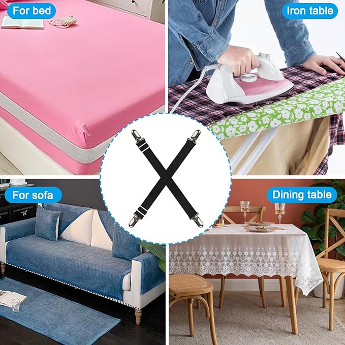 Premium Adjustable Bed Sheet Clips with Elastic Straps and Clips for Securely Holding Sheets in Place, Fits Mattresses from 20" to 79"（Black）