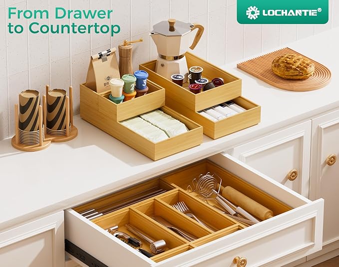 Long Bamboo Kitchen Drawer Organizer Boxes – 17" x 6" Stackable Wood Silverware Utensil Tray for Drawers Bins Cutlery & Flatware Storage – Wooden Organizers Set of 2 for Junk Drawer, Bathroom, Rv