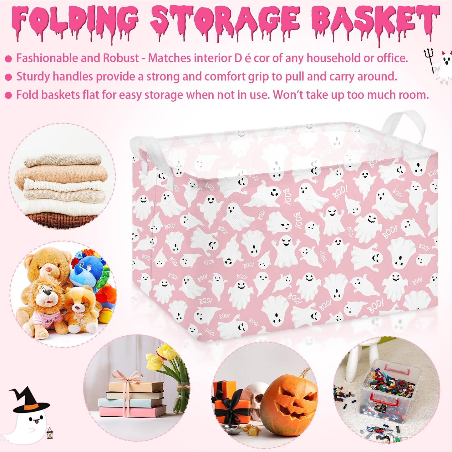 Chunful 4 Pcs Halloween Storage Baskets Pink Ghost Laundry Baskets Pink Hamper Foldable Storage Bins with Handle Collapsible Organizer for Home Closet Office Bedroom